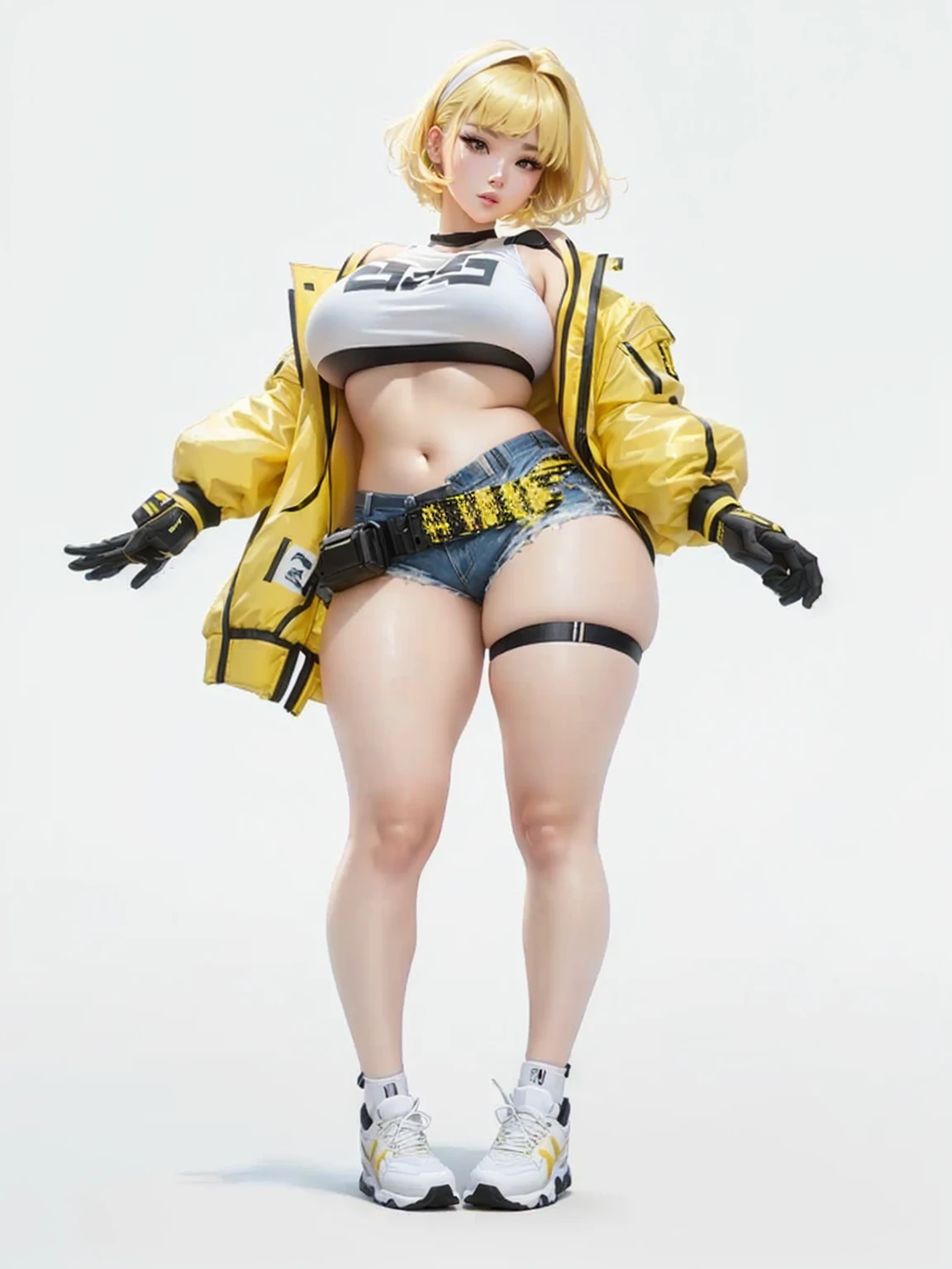 (work of art) a woman in a white blouse, yellow jacket, a yellow backpack on your waist, and short shorts posing for a photo, e-girl, Elegg, wearing cyberpunk 2 0 7 7 jacket, trends on cgstation,, with yellow cloths, oh model girl, busty, big boobies, Waist slender, big-ass, thick thighs, voluptuous, Asian, face perfect, shorth hair, face fringe light blonde hair,