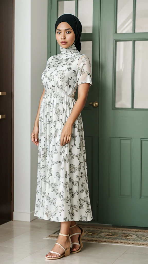 Wide shot of (abbie_cornish:0.6) indonesian girl wearing a hijab, casual shirt, casual dress, long skirt, sandals, in a kitchen,face incredibly detailed, lips, realistic skin, solo,medium breasts,skin tight, puffy ,facial, masterpiece,best quality, Intricate, High Detail, dramatic, front view, wide view,RAW, Best quality, high resolution, masterpiece: 1.3), beautiful Indonesian woman in hijab, perfect hijab, Masterpiece, perfect fit body, big breast,big gorgeous eyes, Soft smile,beautiful face,thick thighs, woman in a black and white floral dress standing in front of a green door, modest flowing gown, beautiful soft silky dress, beautiful silky dress, beautiful detailed dress, stylish dress, swirly flower dress, wearing a long flowery dress, full covered dress, delicate patterned, long dress female, frock, flowery dress, baroque dress, lady with glowing flowers dress , (Delicate turtleneck) , Excellent lighting, Bright colors, Clean lines,