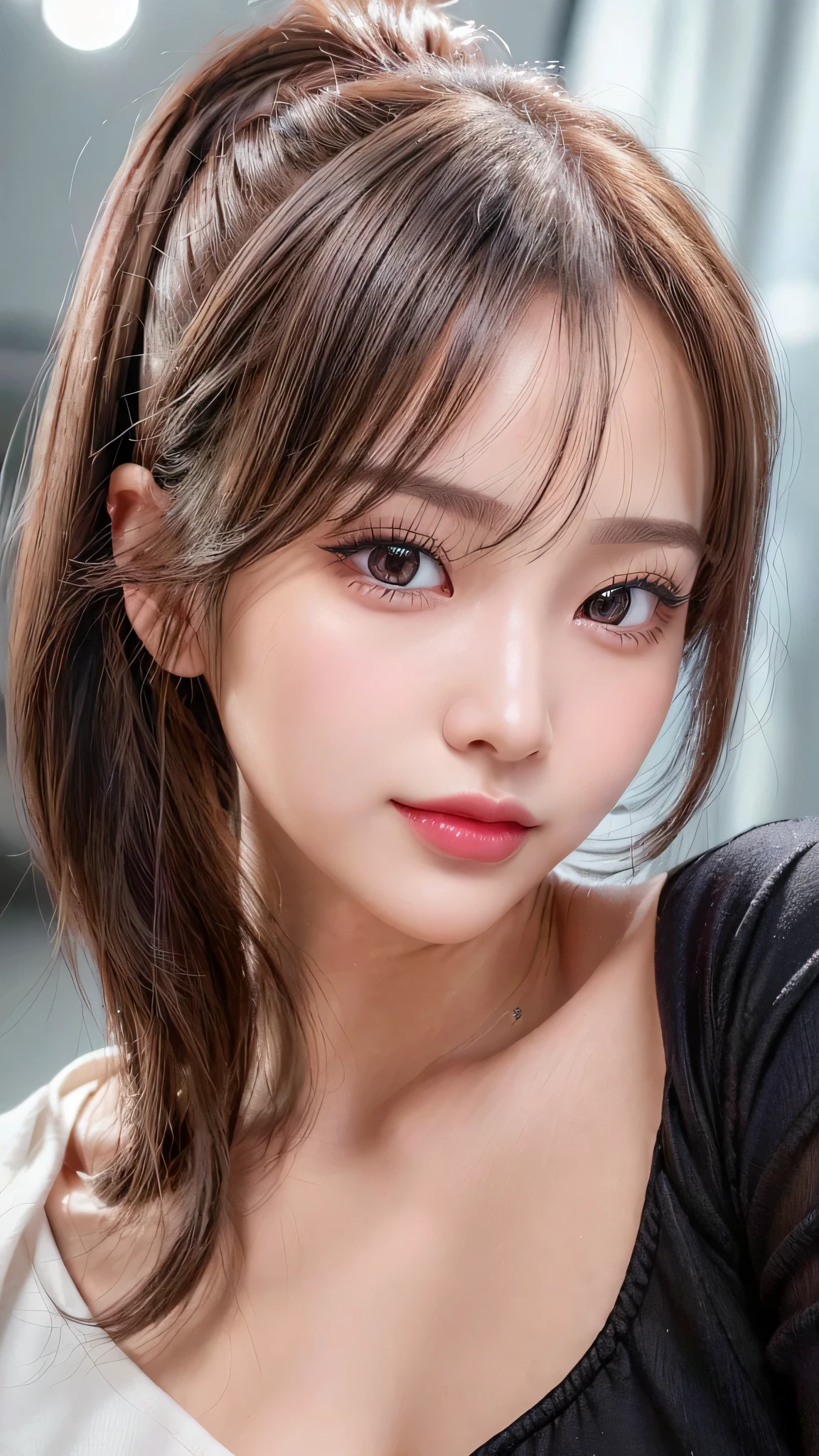 Lipstick in hand,Cosmetics commercial style,Commercial filming studio,close up face,Black Dresses,Ultra-detailed, finely detail, hight resolution, 8K Wallpaper, Perfect dynamic composition, Beautiful detailed eyes,,Close-up of face,,Blushing,Facing forward,Long hair ponytail,((8k, Raw photo, Best Quality, Mastepiece:1.2), (Realism, Photorealistic:1.4), (Highly detailed 8K wallpapers), Depth of written boundary, Cinematic Lighting, Soft Light, Detailed Beauty Eye,Shiny and smooth light brown ponytail, Asymmetrical bangs, Shiny skin, Ultra-detailed skins ,It is high resolution., High detail, Detailed hairstyle, Detailed beauty, Hyper-realistic, Perfect limbs, Perfect Anatomy ,1 Japanese girl,Famous Japanese Idols, Perfect female body,A shy smile,Short eyelashes,Double-edged eyelids,Look straight here,Hair style: ponytail,
