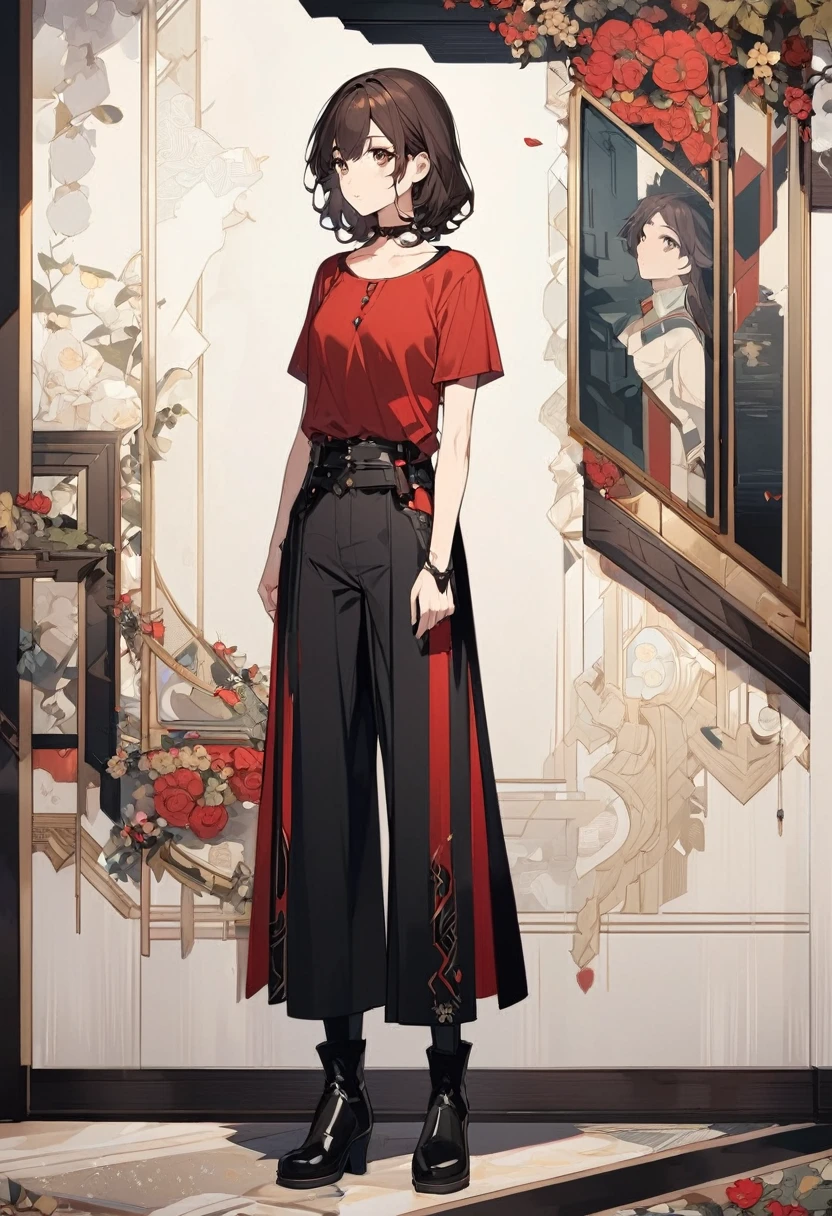 A beatiful anime woman, long dark brown hair, dark brown eyes, thin red t-shirt with armored details, black pants, black boot, standing, full body