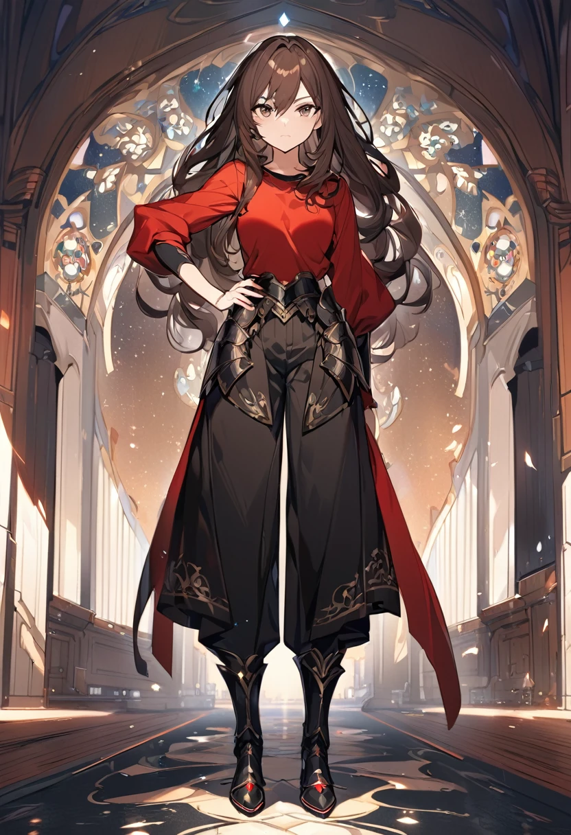 A beatiful anime woman, long dark brown hair, dark brown eyes, thin red t-shirt with armored details, black pants, black boot, standing, full body