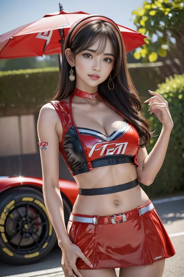 (masterpiece), ( MotoGP Racing Girls), (eyeliner:0.5),(blush:0.5), Black Hair, A faint smile, beautifully繊細な少女を指す, Highly detailed eyes and face, beautifully繊細な目, , ((Event List)), (MotoGP track background), (Highest quality, High resolution, reality, original, 8k,masterpiece, ),(((Dynamic pose))),(((Center Perspective))),(((Show the underside of the chest ))),(((Red miniskirt lift))),(((Bare inner thighs))),(((F1 cars on display))), (Vibrant colors:1.2), (beautifully),