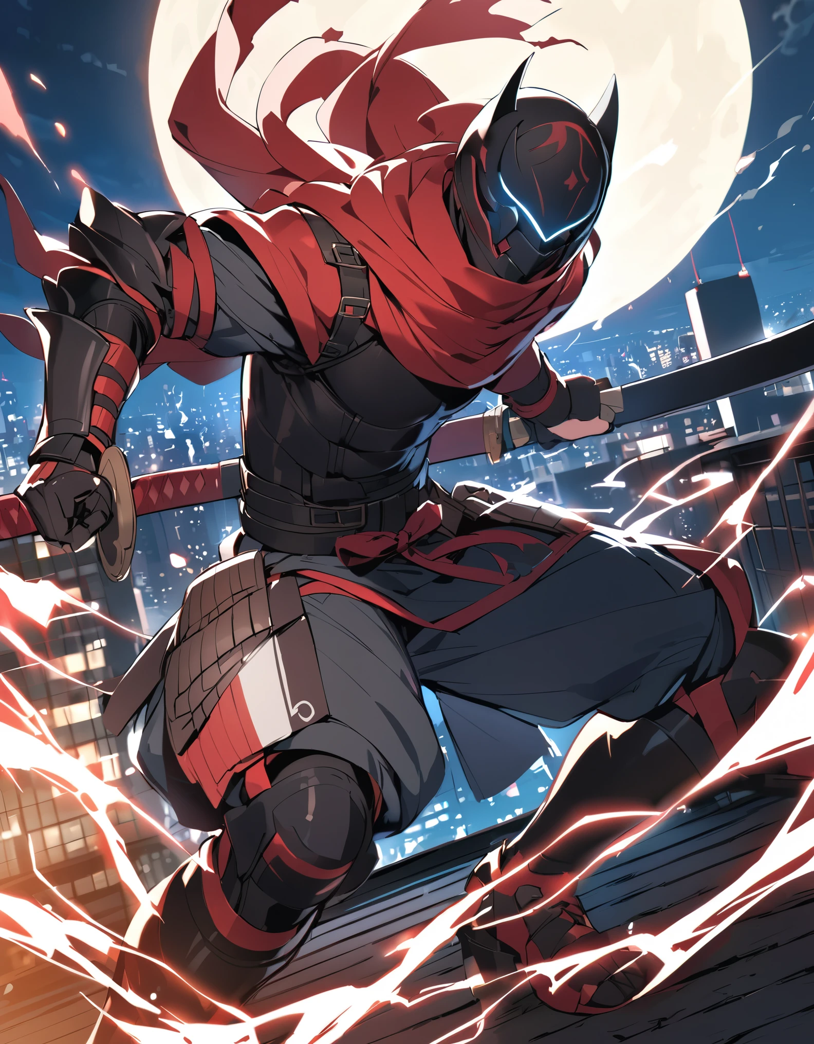 (masterpiece), (best quality), (high res), (solo, solo focus), 1male, male focus, ninja, helmet, metal claws, glowing red eyes, holding katana, matching black gloves, black bodysuit, armor, black knee pads, white boots, new york backdrop, midnight, moon, rooftop, outdoors, standing, menacing look, (his body surrounded by electricity), white aura, full-body costume design.