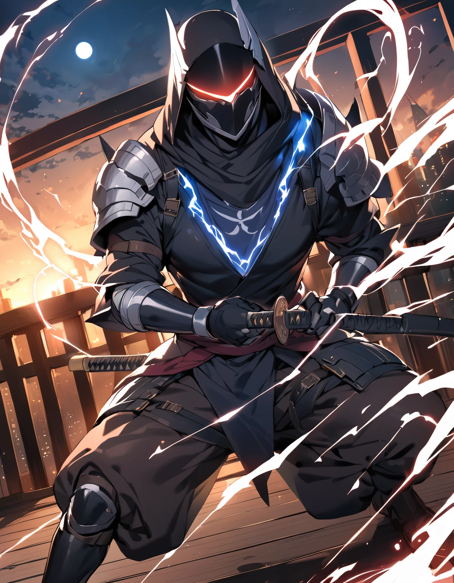 (masterpiece), (best quality), (high res), (solo, solo focus), 1male, male focus, ninja, helmet, metal claws, glowing red eyes, holding katana, matching black gloves, black bodysuit, armor, black knee pads, white boots, new york backdrop, midnight, moon, rooftop, outdoors, standing, menacing look, (his body surrounded by electricity), white aura, full-body costume design.