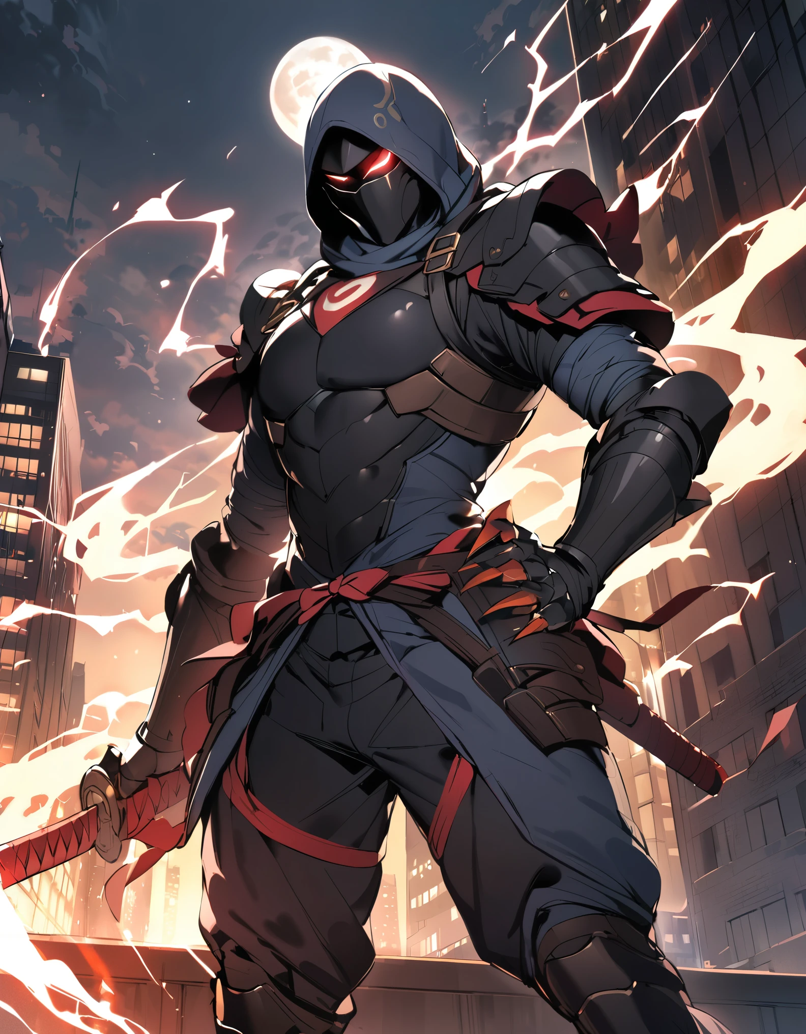 (masterpiece), (best quality), (high res), (solo, solo focus), 1male, male focus, ninja, helmet, metal claws, glowing red eyes, holding katana, matching black gloves, black bodysuit, armor, black knee pads, white boots, new york backdrop, midnight, moon, rooftop, outdoors, standing, menacing look, (his body surrounded by electricity), white aura, full-body costume design.