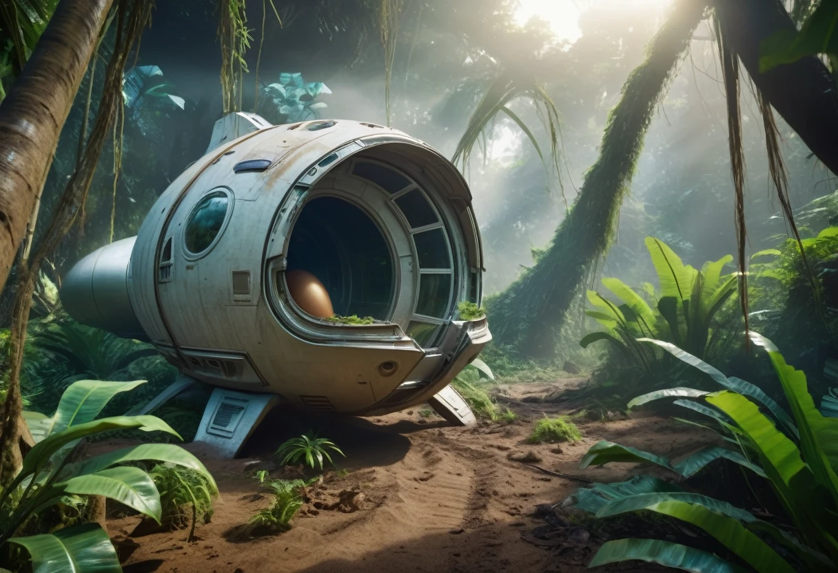 a small dent and bent egg-shaped escape pod from a spaceship crash landed in an alien jungle, stirred up dust, 4k resolution, hyperrealistic , scifi, landscape scene, scenery, dslr, hdr,