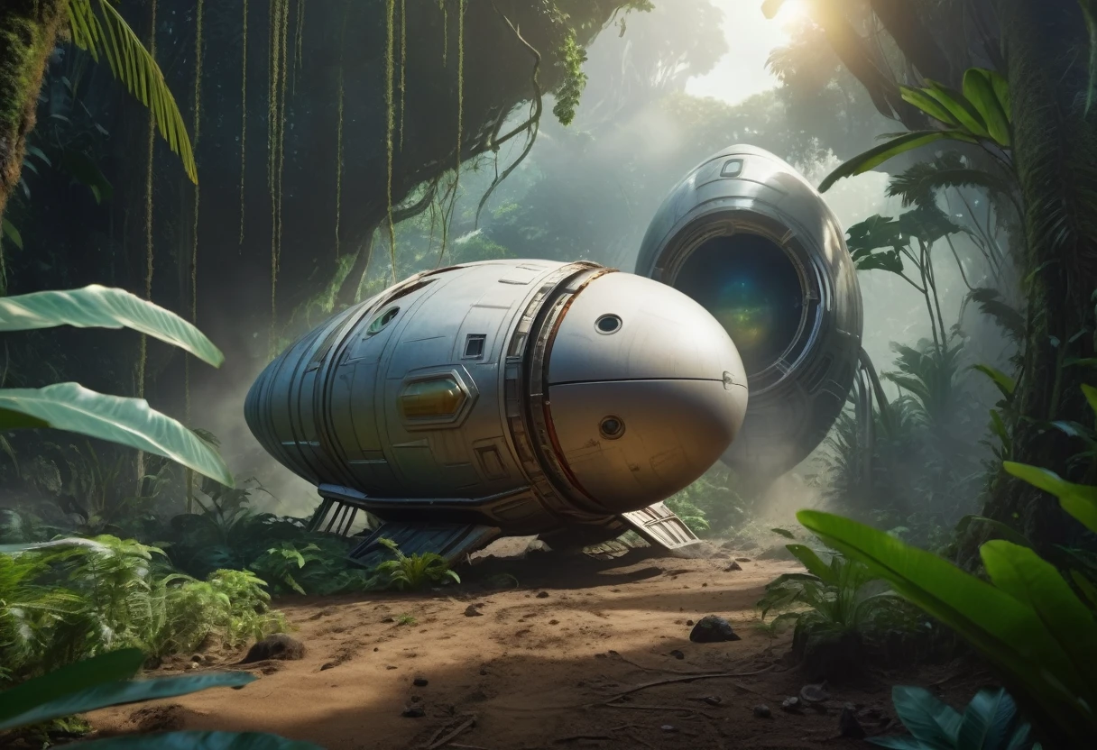 a small dent and bent egg-shaped escape pod from a spaceship crash landed in an alien jungle, stirred up dust, 4k resolution, hyperrealistic , scifi, landscape scene, scenery, dslr, hdr,