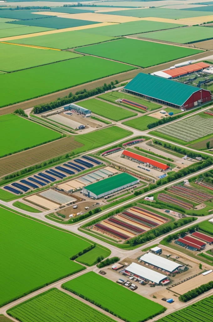 A colorful image that represents the three sectors (A farm, a factory and a store).