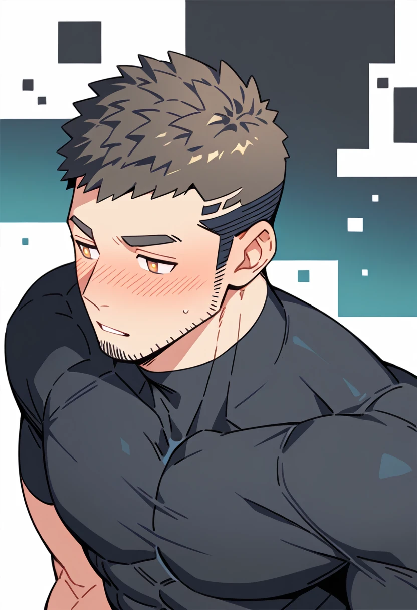 anime characters:Gyee Priapus, Muscle Sports Student, Buzz Cut, Manliness, male focus, Compression bodysuit, Yellow and black striped high collar long sleeve tight T-shirt, Very tight, Regular symmetrical pattern, full and perky chest muscles, muscular male, muscular, only, Upper body, alone, Red short hair, Thick eyebrows, stubble, Brown-red pupils, White background, simple background, amazing quality, best aesthetics, Ridiculous, crew cut, parted lips, flustered, endured face, shy, blush, negative space, best quality