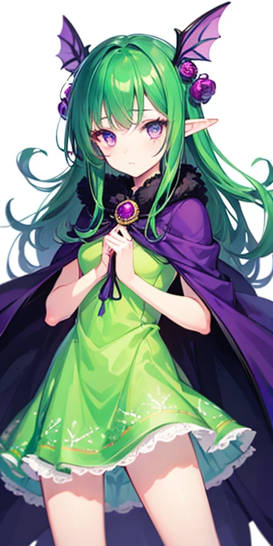 1 girl, breasts small, purples eyes, curled hair, green haired, long hair, hair stuck, skin tanned, light green dress, elfo, faerie