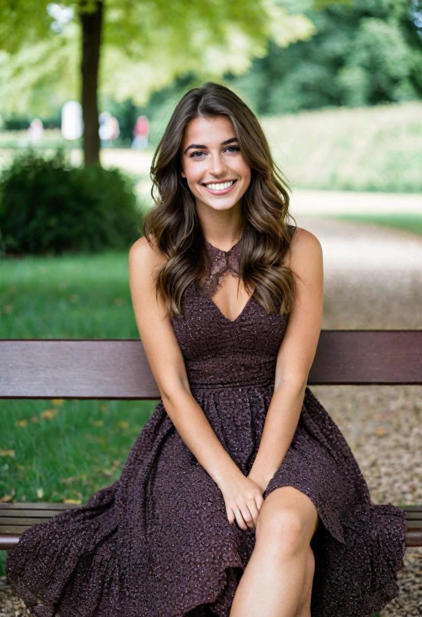 Fille française de 20 ans, assise en robe brunette, yeux de couleurs marrons foncé, grand sourire EN TRAIN DE S'AMUSER LA MAIN DEVANT LA BOUCHE , Les cheveux en désordre mais pas trop, photos SUR UN BANC DANS UN PARC AVEC UNE COPINE A ELLE