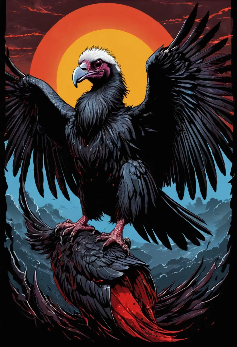 t-shirt design, Design a menacing black t-shirt with a full body vulture motif inspired by heavy metal music aesthetics. The artwork features a sleek, Black vulture coiled sinuously, its scales glistening in the dim light. The vulture's mouth is wide open, revealing rows of razor-sharp teeth dripping with blood, exuding a sense of raw, primal aggression, bright sky and big sun in background, enhancing the ominous atmosphere of the design. The vulture's eyes gleam with a malevolent glint, capturing the essence of danger and violence. The overall style is bold and intense, embodying the dark and edgy spirit of heavy metal music.