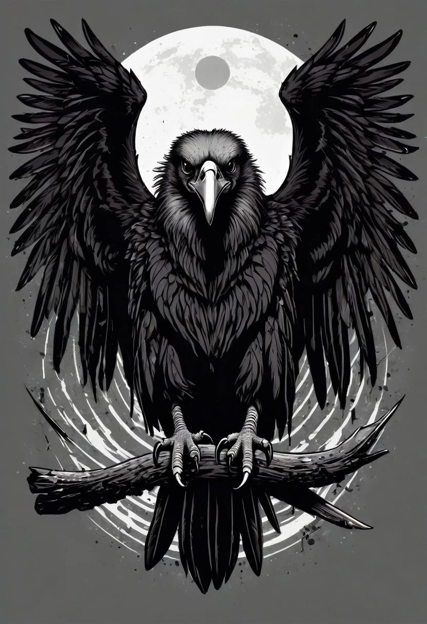 t-shirt design, Design a menacing black t-shirt with a full body vulture motif inspired by heavy metal music aesthetics. The artwork features a sleek, Black vulture coiled sinuously, its scales glistening in the dim light. The vulture's mouth is wide open, revealing rows of razor-sharp teeth dripping with blood, exuding a sense of raw, primal aggression, bright sky and big sun in background, enhancing the ominous atmosphere of the design. The vulture's eyes gleam with a malevolent glint, capturing the essence of danger and violence. The overall style is bold and intense, embodying the dark and edgy spirit of heavy metal music.
