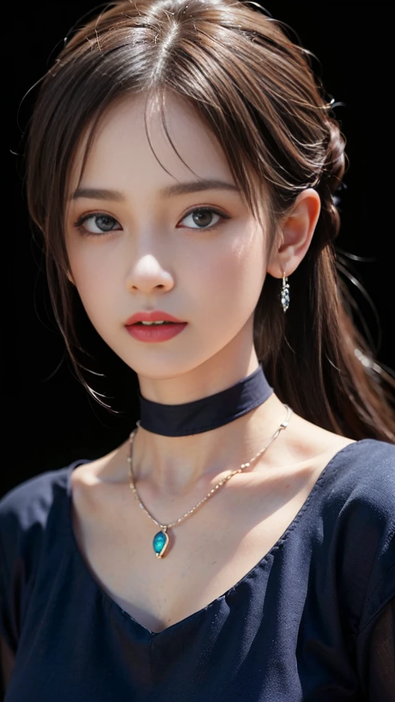 ((masterpiece:1.4)、(Highest quality:1.4)、(Realistic:1.7))、Masterpiece:1.4、Pretty Girl 0.3、(1 Girl:1.4)、pretty girl、(Portrait Photography:1.4)、(Close-up photo:1.7)、(An outfit that emphasizes beautiful breasts:1.4)、Sharp focus:1.5、Detailed eyes、double eyelid、{Long Hair}、Beautiful woman with perfect figure:1.4、Perfect proportions:1.4、(Anatomically correct body shape:1.4)、well-proportioned and beautiful udder:1.2、Upper body photo shoot:1.2、Beautiful expression、Resistance、Dark Background、ponytail、Nikon SLR D6、Natural light、Lighting technology that creates beautiful expressions、Ideal lighting、RAW Photos、Red lips、Beautiful face with long face、choker:1.4、necklace:1.4、Earrings:1.4、1 Screen Display