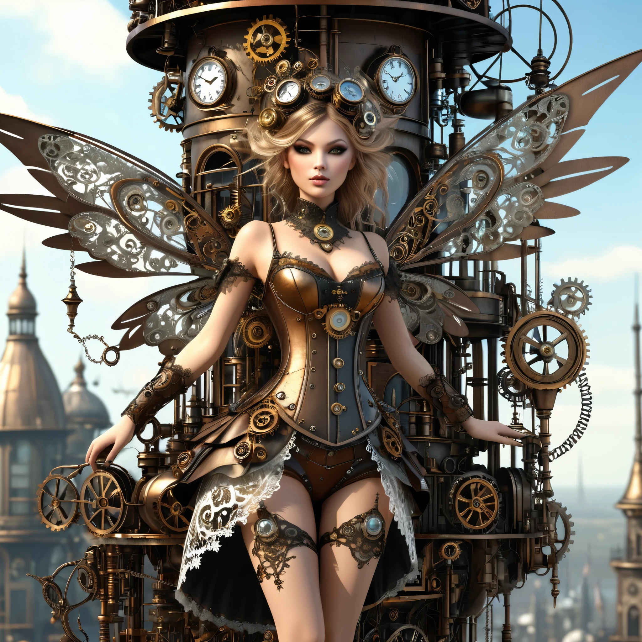 exquisite 2.5d rendering of a gorgeous steampunk fairy, high heels, ((highly detailed face)), flying around a tower made of metal junk and clockwork parts, metal trimmed wings, clothing made of lace and steel, clockwork home