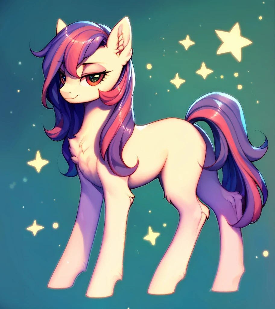 score_9, score_8_up, score_7_up, score_6_up, score_5_up, score_4_up, (by aki99), source_pony, rating_suggestive, (feral), bedroom eyes, shiny, masterpiece, detailed soft lighting, ear fluff, green_hair, straight_hair,long_Hair, Fluffy_Hair, wolfcut_hair, light_green_skin, Red_eyes, hair_acessorios, Stars, Sparkles, full_body, cool_pose, full_body.