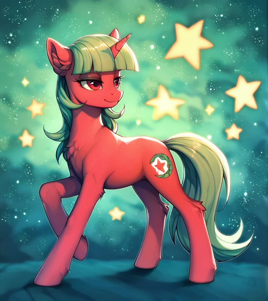 score_9, score_8_up, score_7_up, score_6_up, score_5_up, score_4_up, (by aki99), source_pony, rating_suggestive, (feral), bedroom eyes, shiny, masterpiece, detailed soft lighting, ear fluff, green_hair, straight_hair,long_Hair, Fluffy_Hair, wolfcut_hair, light_green_skin, Red_eyes, hair_acessorios, Stars, Sparkles, full_body, cool_pose, full_body.