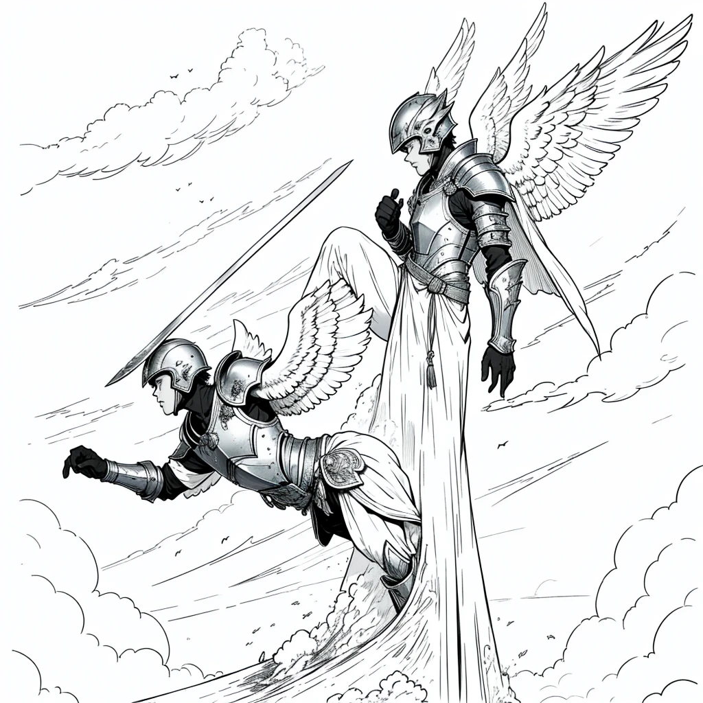 ((Best Quality)), ((masterpiece)), (detailed), angel warrior man with war armor, war helmet with sword, on his back and wings open climbing stairs towards the sky between clouds