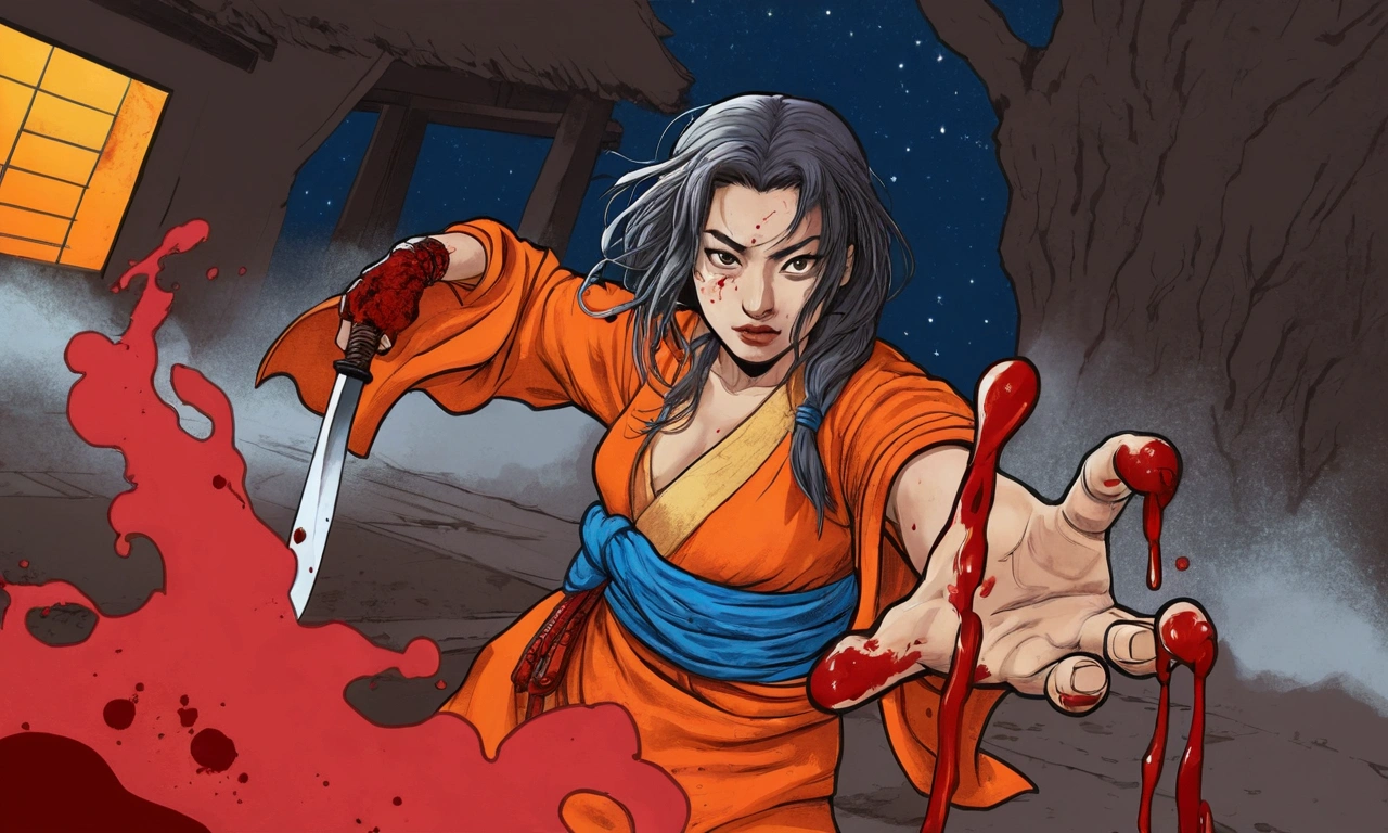 there is a woman with a knife in her hand and blood on the another hand, full color illustration, full color digital illustration, in the night as a d & d fighter, inspired by Yasuo Kuniyoshi, inspired by Tsukioka Yoshitoshi, colored screentone, realistic, good value, blood splatter