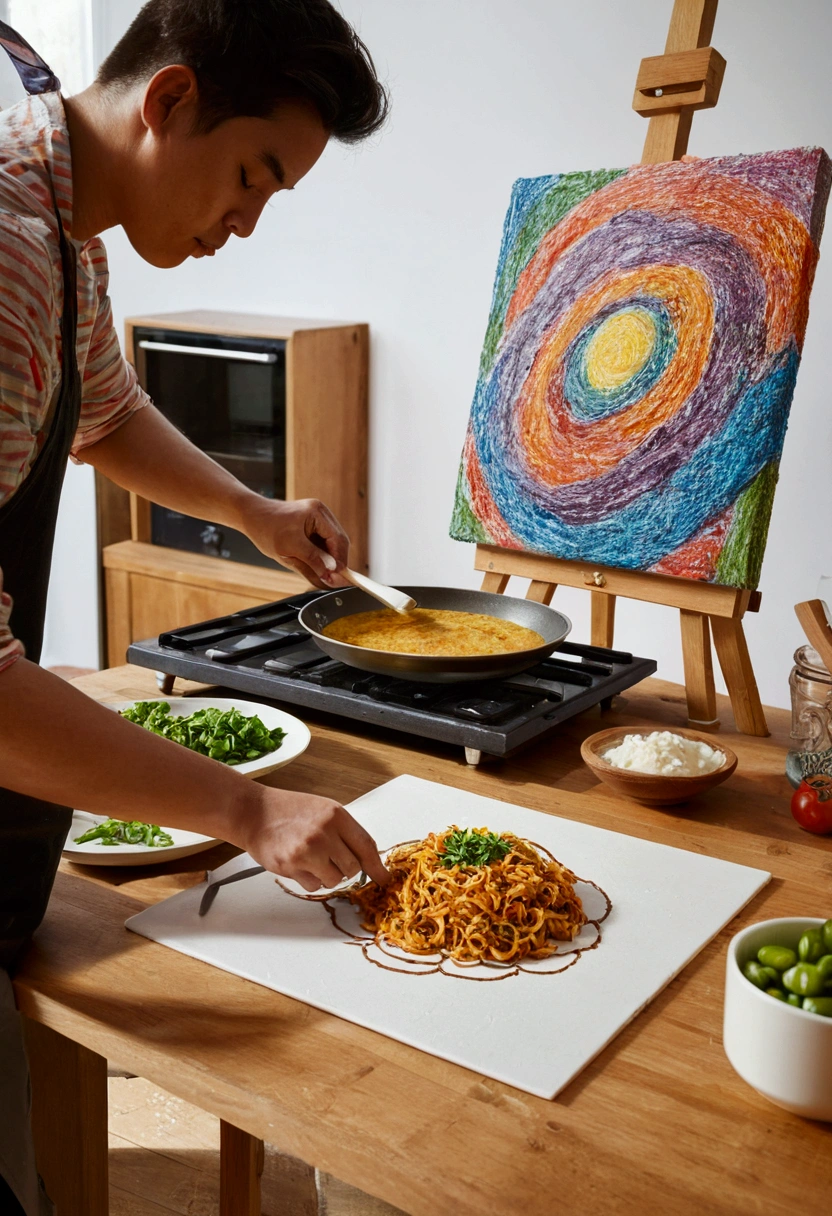 person cooking, another person drawing on a canvas and another person playing guitar separately