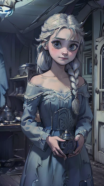 best quality,masterpiece,1girl,solo,(((13years old))),japanese girl,an extremely cute and beautiful girl,highly detailed beautiful face and eyes,petit,cute face,lovely face,baby face,shy smile,show teeth,white hair,long hair,flat chest,skinny,slender,no bra,no Panties, Hairless vagina,(((wearing a ElsaWaifu, cleavage, blue dress, single braid over shoulder))),(((standing in reelunsettling dark indoors room),she is looking at the viewer,gothichorrorai, upper body close up
