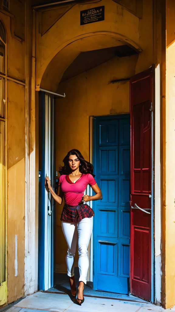 Create an image in the style of classic comics, with vibrant colors and well-defined lines. The scene features a Brazilian woman with medium-length, wavy dark hair and a medium skin tone. She is exiting a room in a building, walking confidently. Near the entrance of the room, there is a sign. The image should be in profile view of the woman, capturing her confident demeanor. The background should include elements of the building's interior, such as walls, doors, and signs, to provide context.