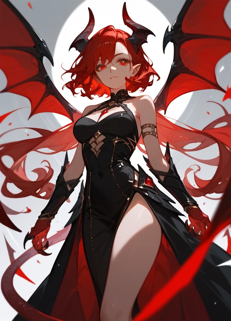 (score_9,score_8_up,score_7_up),1girl,girl demon,red hair,red eyes,wings,claws,black dress,beautiful_face,