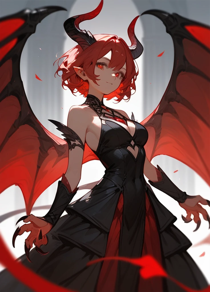 (score_9,score_8_up,score_7_up),1girl,girl demon,red hair,red eyes,wings,claws,black dress,beautiful_face,