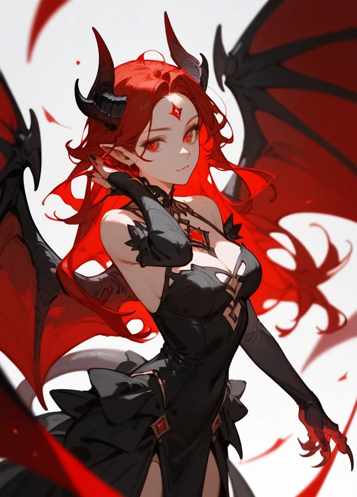 (score_9,score_8_up,score_7_up),1girl,girl demon,red hair,red eyes,wings,claws,black dress,beautiful_face,