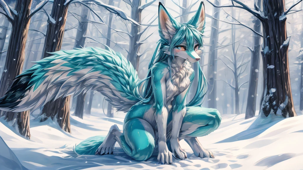 The best quality, Japanese adolescent hatsune miku x kitsune , fox face elongated snout add-detail, Surprise face, sweaty body, heated add_detail,, kitsune warrior in the snow add_detail:1, Whole body, barefoot add_detail:1 