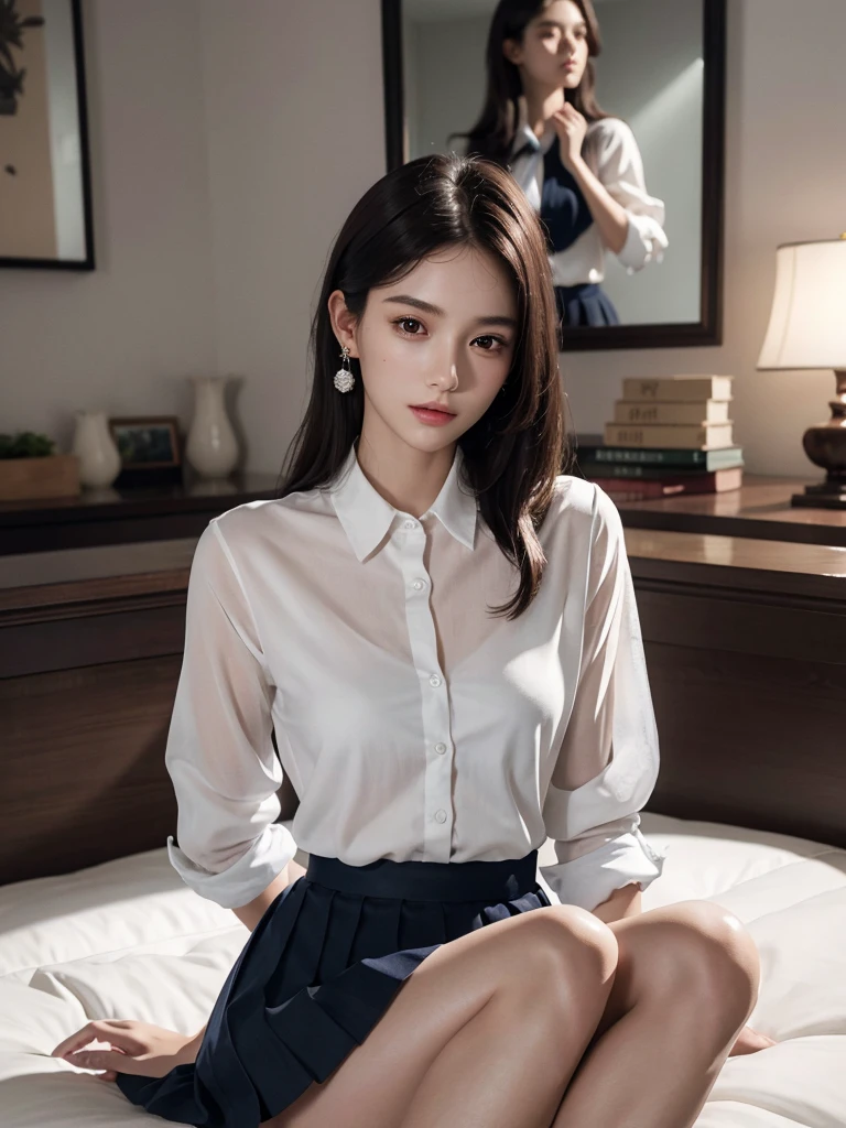 absurdres, RAW photo, extremely delicate and beautiful, masterpiece, Best Quality, ultra high resolution, 32k, hyperrealistic, ultra-detailed, perfect anatomy, super Detailed skin, perfect figure, Super Beauty, Perfect Style, Perfect balance, Beautiful Lighting, Perfect Lightning, Realistic Shadows, 20 years old, very Slim body, narrow waist, very small head, very small face, delicate facial features, handsome detailed woman, very detailed eyes and face, realistic face proportions, Realistic beautiful face, Realistic beautiful eyes, tearful mole, earring, very huge round breasts, legs, medium hair, asymmetrical hair, full_body_shot, indoor, school_uniform, short skirt, bare foots,
