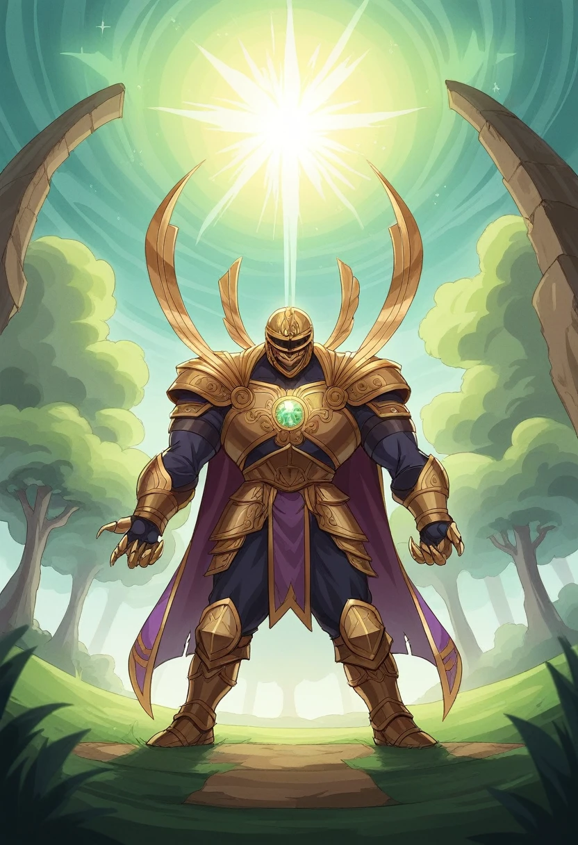A young, charismatic warrior leaps into action, his full body depicted in a vibrant, anime-inspired style. His face is youthful and lively, with large, expressive eyes that sparkle with determination and a confident, mischievous smile. His tousled, shoulder-length hair flows wildly, accentuating his energetic presence.
The warrior’s armor is fantastically grand and exaggerated, shining with a metallic gleam and covered in intricate, swirling engravings. The broad, imposing breastplate features a radiant emblem at its center, signifying his heroic lineage. Oversized pauldrons flare out dramatically, enhancing his powerful silhouette and adding to his dynamic appearance.
His gauntlets are sleek, ending in sharp, claw-like tips that suggest both elegance and fierce combat readiness. The armor is accented with vibrant shades of blue and silver, interwoven with shimmering gold details. A long, tattered cape flows behind him, its edges frayed from countless battles, billowing dramatically as he moves.
In his right hand, he wields an enormous, magical sword, its blade glowing with an ethereal light. The hilt is lavishly decorated with colorful gems and intricate designs, adding to its fantastical appearance.
The background is a vivid, enchanted forest, with ancient, towering trees twisted into otherworldly shapes and glowing with mystical runes. Beams of sunlight pierce through the dense canopy, casting a magical, golden light that illuminates the warrior. The ground beneath him is a mix of lush, vibrant grass and rugged terrain, scattered with ancient ruins and mystical relics.
In the distance, shadowy figures and mythical creatures move subtly, adding depth and a sense of wonder to the scene. The entire composition captures a young, charismatic