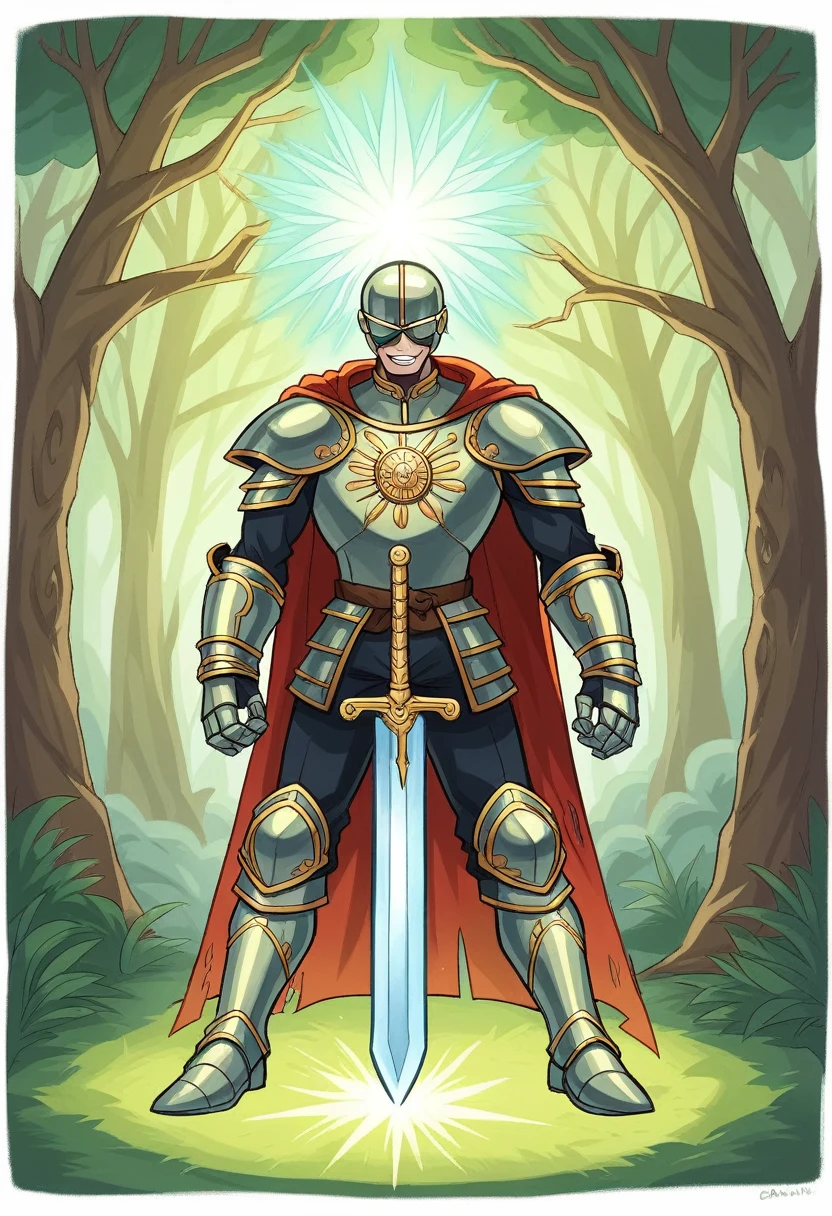 A young, charismatic warrior leaps into action, his full body depicted in a vibrant, anime-inspired style. His face is youthful and lively, with large, expressive eyes that sparkle with determination and a confident, mischievous smile. His tousled, shoulder-length hair flows wildly, accentuating his energetic presence.

The warrior’s armor is fantastically grand and exaggerated, shining with a metallic gleam and covered in intricate, swirling engravings. The broad, imposing breastplate features a radiant emblem at its center, signifying his heroic lineage. Oversized pauldrons flare out dramatically, enhancing his powerful silhouette and adding to his dynamic appearance.

His gauntlets are sleek, ending in sharp, claw-like tips that suggest both elegance and fierce combat readiness. The armor is accented with vibrant shades of blue and silver, interwoven with shimmering gold details. A long, tattered cape flows behind him, its edges frayed from countless battles, billowing dramatically as he moves.

In his right hand, he wields an enormous, magical sword, its blade glowing with an ethereal light. The hilt is lavishly decorated with colorful gems and intricate designs, adding to its fantastical appearance.

The background is a vivid, enchanted forest, with ancient, towering trees twisted into otherworldly shapes and glowing with mystical runes. Beams of sunlight pierce through the dense canopy, casting a magical, golden light that illuminates the warrior. The ground beneath him is a mix of lush, vibrant grass and rugged terrain, scattered with ancient ruins and mystical relics.

In the distance, shadowy figures and mythical creatures move subtly, adding depth and a sense of wonder to the scene. The entire composition captures a young, charismatic