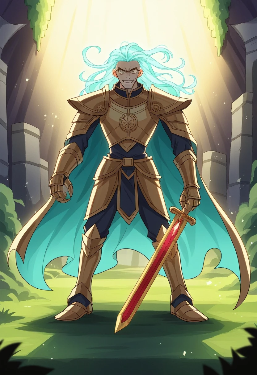 A young, charismatic warrior leaps into action, his full body depicted in a vibrant, anime-inspired style. His face is youthful and lively, with large, expressive eyes that sparkle with determination and a confident, mischievous smile. His tousled, shoulder-length hair flows wildly, accentuating his energetic presence.

The warrior’s armor is fantastically grand and exaggerated, shining with a metallic gleam and covered in intricate, swirling engravings. The broad, imposing breastplate features a radiant emblem at its center, signifying his heroic lineage. Oversized pauldrons flare out dramatically, enhancing his powerful silhouette and adding to his dynamic appearance.

His gauntlets are sleek, ending in sharp, claw-like tips that suggest both elegance and fierce combat readiness. The armor is accented with vibrant shades of blue and silver, interwoven with shimmering gold details. A long, tattered cape flows behind him, its edges frayed from countless battles, billowing dramatically as he moves.

In his right hand, he wields an enormous, magical sword, its blade glowing with an ethereal light. The hilt is lavishly decorated with colorful gems and intricate designs, adding to its fantastical appearance.

The background is a vivid, enchanted forest, with ancient, towering trees twisted into otherworldly shapes and glowing with mystical runes. Beams of sunlight pierce through the dense canopy, casting a magical, golden light that illuminates the warrior. The ground beneath him is a mix of lush, vibrant grass and rugged terrain, scattered with ancient ruins and mystical relics.

In the distance, shadowy figures and mythical creatures move subtly, adding depth and a sense of wonder to the scene. The entire composition captures a young, charismatic