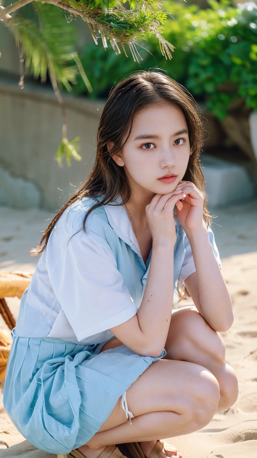(((Top-down configuration:1.33)))、((No underwear:1.55))、One Girl、Beautiful and detailed eyes and face、barefoot、20 year old cute Japan woman, ((Extremely precise and accurate anatomy:1.0)), (photo Realistic:1.4), (hyper Realistic:1.4), (最高品質のRealisticな肌の質感:1.4), (Improvement of quality:1.4), (Enhances the beauty of skin texture:1.1), Clean and glowing skin, mesh, thin:1.2, (Realistic:1.3), Realisticなライティング, (Smoother lighting:1.05), (Improving the quality of cinema lighting:0.9), Backlight, A gentle light on your face, Ray Tracing, (Bright light:1.2), 32K, One Japanese woman, fine grain, Detailed face, (Film Grain:1.1),(Accentuates body lines:1.1), High resolution, Natural look, Kind eyes, Improves hair quality, Delicate light and shadow, Transparent muscles, Graceful pose, Beautiful Eyes, Sharp details, Soft light reflection, Beautiful contours, Delicate skin tone, Fine hair texture, Natural background, (((sunny day、Beach、A strong wind is blowing、Her hair and skirt are flying、Squat, Traditional navy blue sailor uniform、Open shirt、Pleated skirt、Scooping seawater with hands:1.25、splash、Sandy Beach、Light of the sun、clear blue sea、The waves crash quietly、Blue sky and white clouds、Green Mountain々、Beautiful Nature、The joys of youth)))、