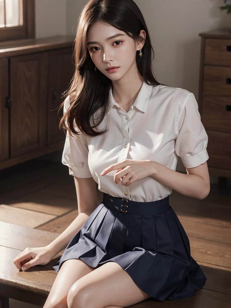 absurdres, RAW photo, extremely delicate and beautiful, masterpiece, Best Quality, ultra high resolution, 32k, hyperrealistic, ultra-detailed, perfect anatomy, super Detailed skin, perfect figure, Super Beauty, Perfect Style, Perfect balance, Beautiful Lighting, Perfect Lightning, Realistic Shadows, 20 years old, very Slim body, narrow waist, very small head, very small face, delicate facial features, handsome detailed woman, very detailed eyes and face, realistic face proportions, Realistic beautiful face, Realistic beautiful eyes, tearful mole, earring, very huge round breasts, legs, medium hair, asymmetrical hair, full_body_shot, indoor, school_uniform, short skirt, bare foots,