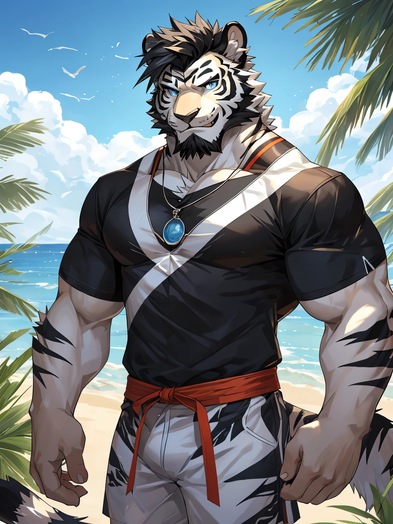 Masterpiece, Solo, Furry Black White Tiger, Blue Eyes, Medium Black Hair, Medium Black Facial Hair, Muscular Body, Cool Pose, Handsome, Good Looking, Adult, Fierce, Smirking, shirtless, beach pants, summer background.