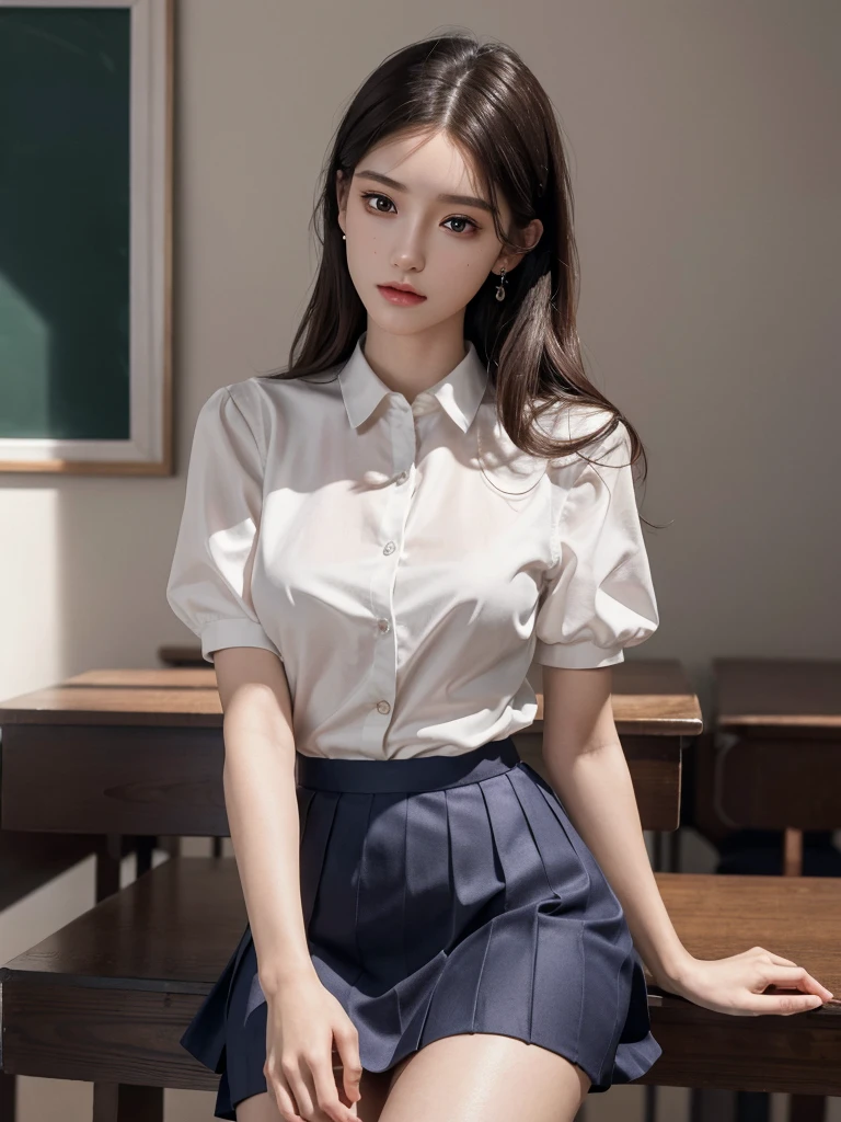 absurdres, RAW photo, extremely delicate and beautiful, masterpiece, Best Quality, ultra high resolution, 32k, hyperrealistic, ultra-detailed, perfect anatomy, super Detailed skin, perfect figure, Super Beauty, Perfect Style, Perfect balance, Beautiful Lighting, Perfect Lightning, Realistic Shadows, 20 years old, very Slim body, narrow waist, very small head, very small face, delicate facial features, handsome detailed woman, very detailed eyes and face, realistic face proportions, Realistic beautiful face, Realistic beautiful eyes, tearful mole, earring, very huge round breasts, legs, medium hair, asymmetrical hair, full_body_shot, indoor, school_uniform, short skirt, bare foots,
