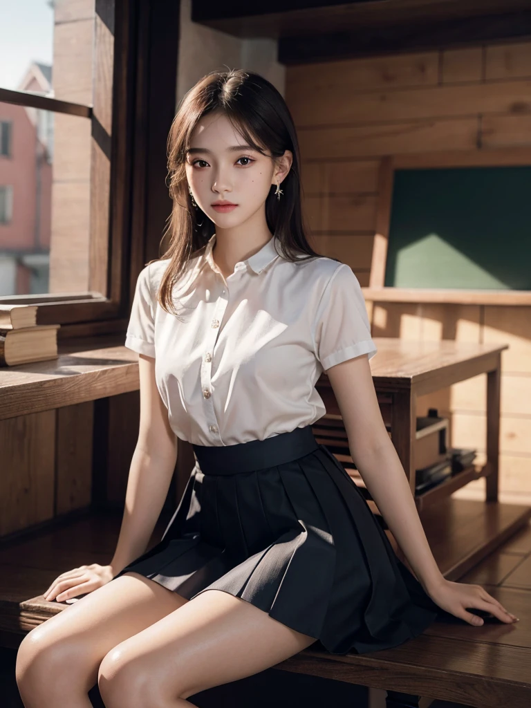 absurdres, RAW photo, extremely delicate and beautiful, masterpiece, Best Quality, ultra high resolution, 32k, hyperrealistic, ultra-detailed, perfect anatomy, super Detailed skin, perfect figure, Super Beauty, Perfect Style, Perfect balance, Beautiful Lighting, Perfect Lightning, Realistic Shadows, 20 years old, very Slim body, narrow waist, very small head, very small face, delicate facial features, handsome detailed woman, very detailed eyes and face, realistic face proportions, Realistic beautiful face, Realistic beautiful eyes, tearful mole, earring, very huge round breasts, legs, medium hair, asymmetrical hair, full_body_shot, indoor, school_uniform, short skirt, bare foots,