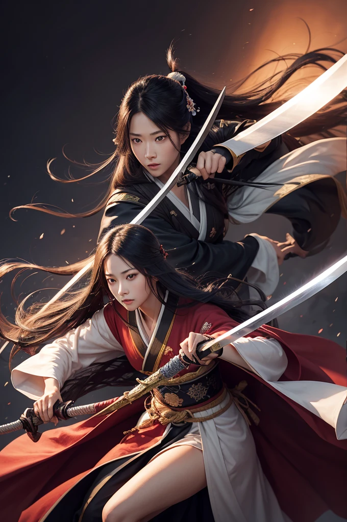 Long hair swordsman woman with a sword and a kimono 