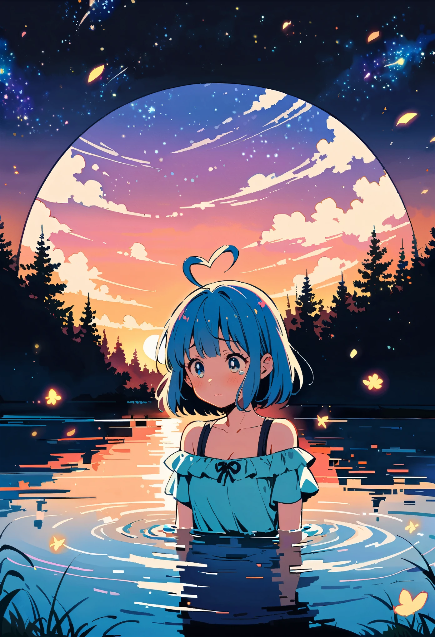 cowboy shot, angel, pilot, constricted pupils, tears, heart ahoge, hair bow, off_shoulder, Beanie, Mechanical wings, visible through hair, smelling, night, Studio Ghibli, beautiful and delicate water, the finest grass, very delicate light, nature, painting, water spray, breeze, flowers and grass meadow, near the water edge, (sunset, starry sky in a circle), randomly distributed clouds, river, splashing water, falling petals
