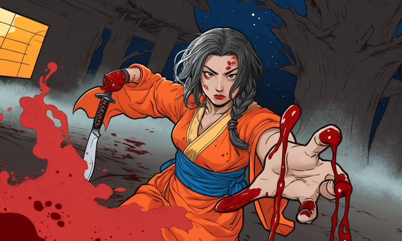 there is a woman with a knife in her hand and blood on the another hand, full color illustration, full color digital illustration, in the night as a d & d fighter, inspired by Yasuo Kuniyoshi, inspired by Tsukioka Yoshitoshi, colored screentone, realistic, good value, blood splatter, so much tree behind