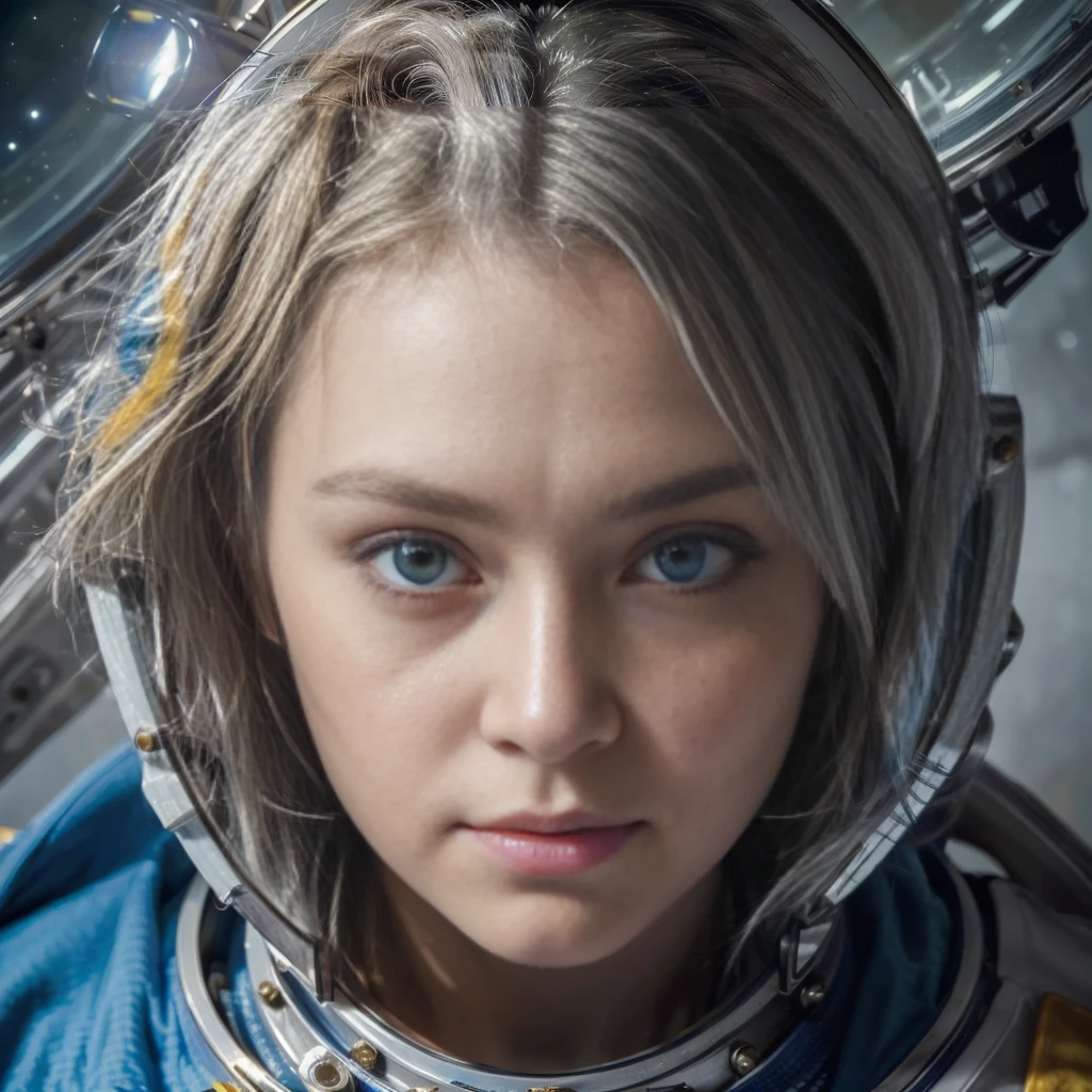 (A better quality masterpiece in close-up:1.5)0.9], (space and astronaut:1.2) (messy silver hair:1.1) (yellow eyes with heterochromia and blue eyes:1.2) (space helmet:1.0) (colored stars in the eyes:1.0) (radiant light:1.1) (big lips:0.9)