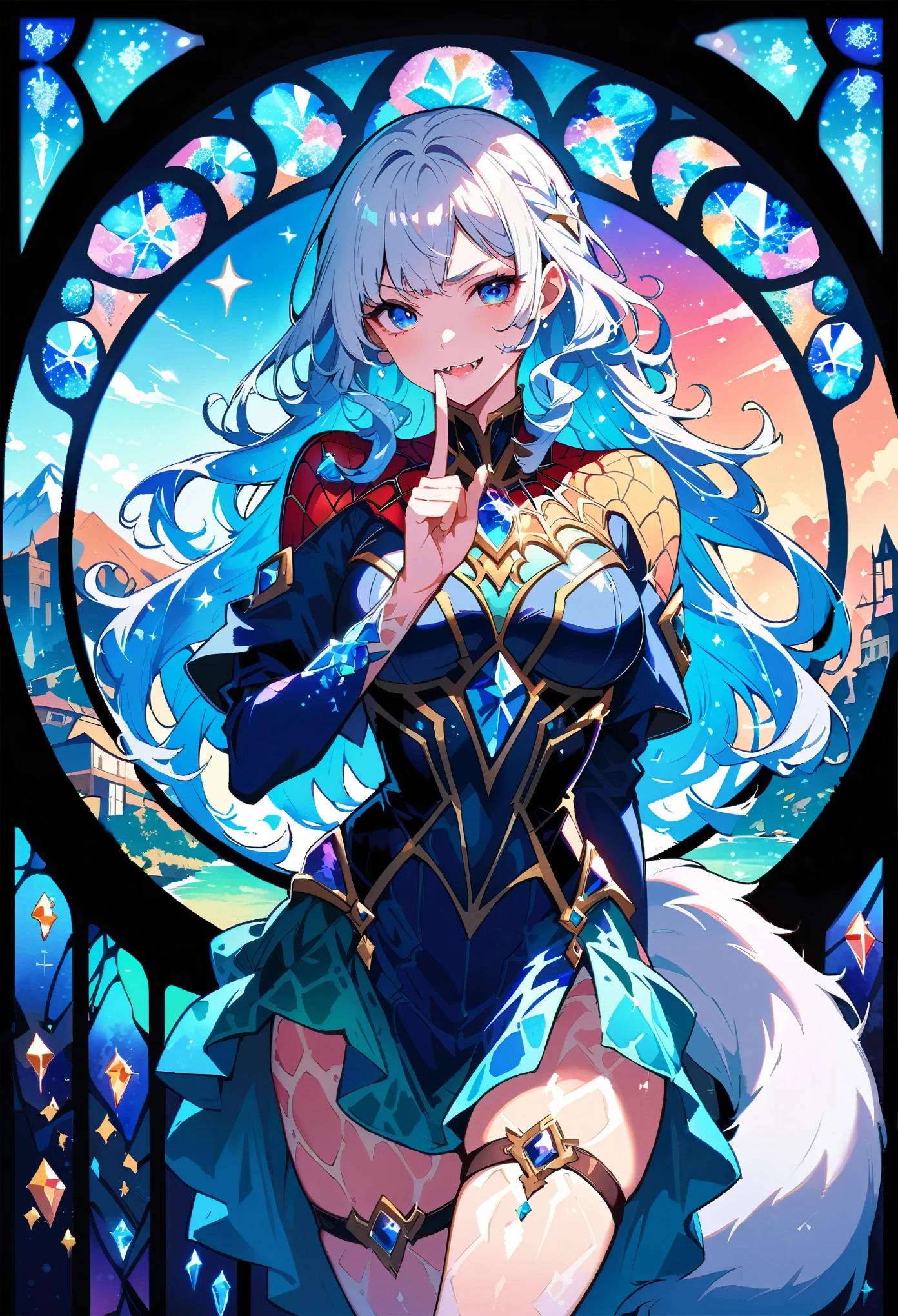 telephoto lens, monster, spider-man, fangs, raised eyebrow, silver hair, sapphire brooch, school uniform, thigh strap, weasel tail, shushing, holding umbrella, stain glass, ((art nouveau)), (((crystals texture Hair))),((beautiful detailed glass hair)),((glass shaped texture hand)),((crystallize texture body)),gem body,hands as clear as jewels,crystallization of clothes,((crystals texture skin)),sparkle, lens flare, light leaks,broken glass,detailed glass shaped clothes,beautiful detailed gemstone sky, gemstone sea, crystals texture flowers,((detailed crystallized clothing))