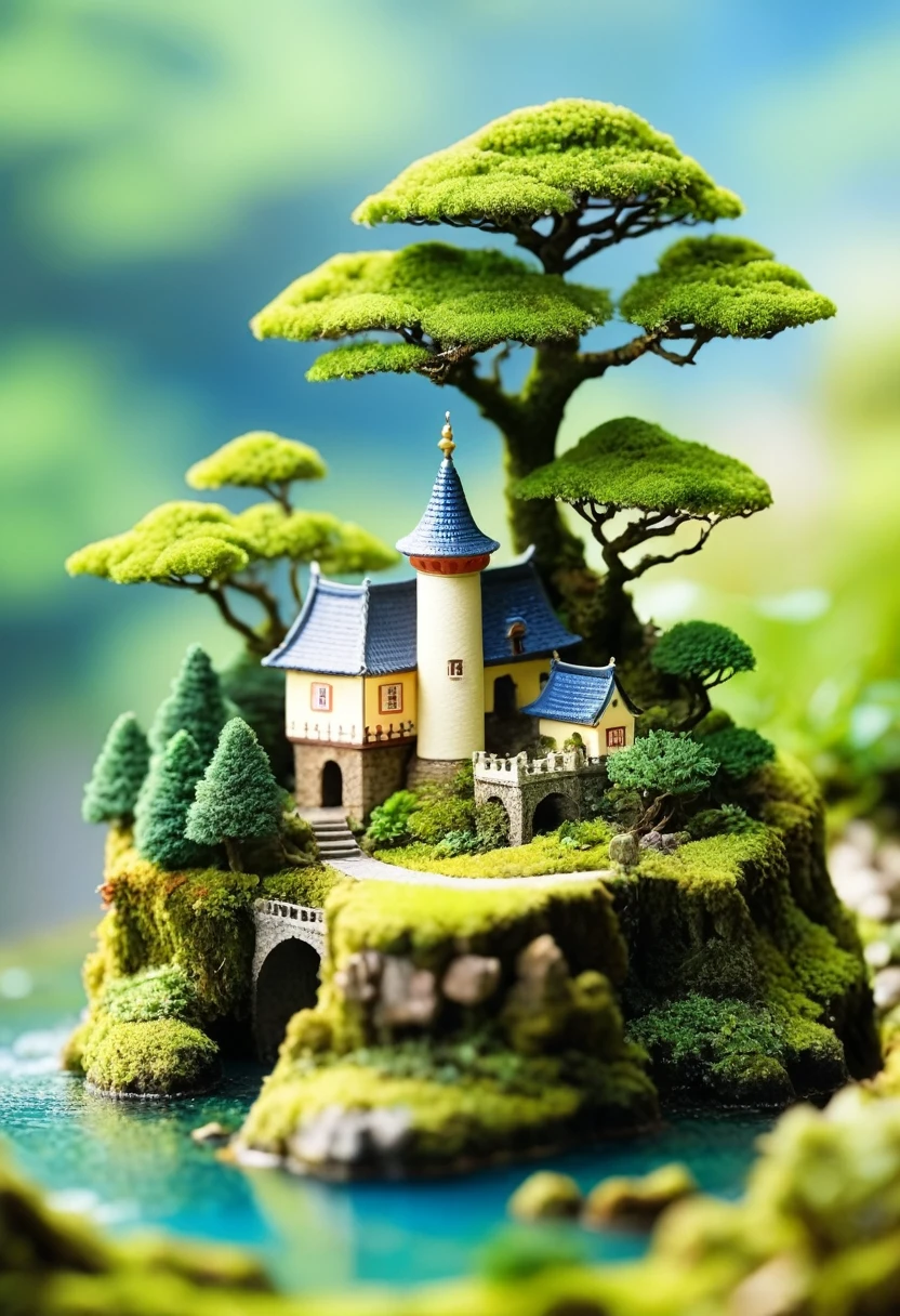 古い城There is浮島, Trees and moss, Miniature World, Tilt Shift Photo, cute. The island has an old castle and moss-covered trees々There is, creating a Miniature World. The photography has a tilt shift effect in the style of cute miniature scenes.