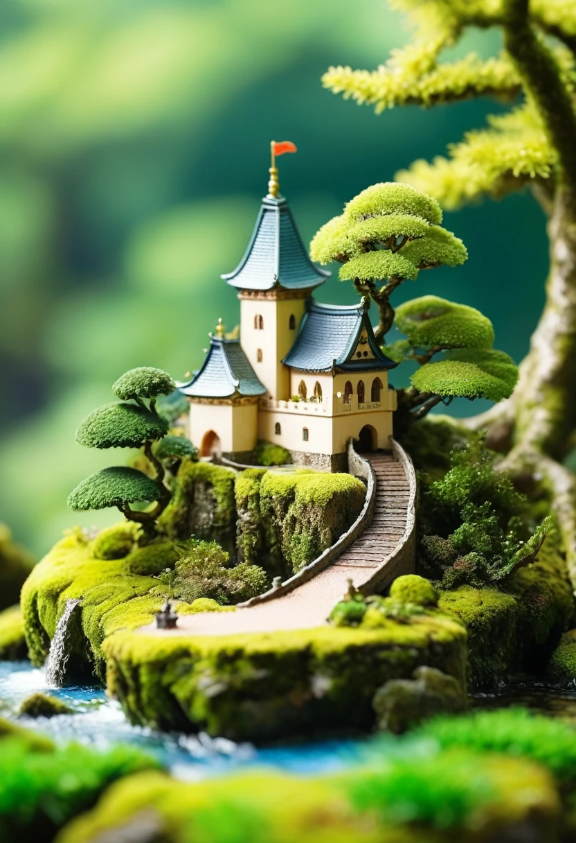 古い城There is浮島, Trees and moss, Miniature World, Tilt Shift Photo, cute. The island has an old castle and moss-covered trees々There is, creating a Miniature World. The photography has a tilt shift effect in the style of cute miniature scenes.