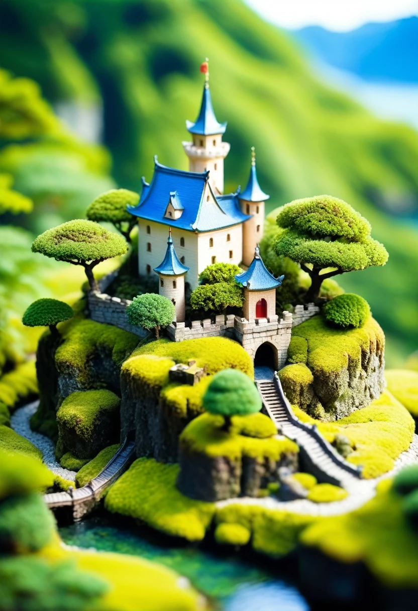 古い城There is浮島, Trees and moss, Miniature World, Tilt Shift Photo, cute. The island has an old castle and moss-covered trees々There is, creating a Miniature World. The photography has a tilt shift effect in the style of cute miniature scenes.
