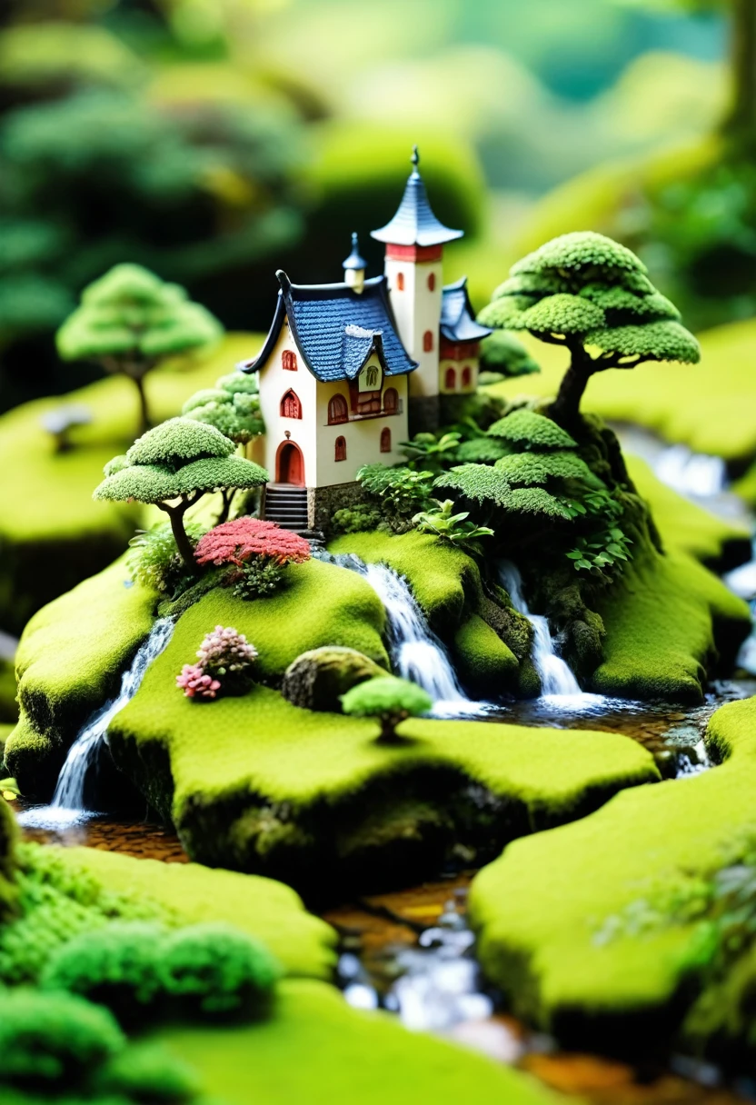 古い城There is浮島, Trees and moss, Miniature World, Tilt Shift Photo, cute. The island has an old castle and moss-covered trees々There is, creating a Miniature World. The photography has a tilt shift effect in the style of cute miniature scenes.