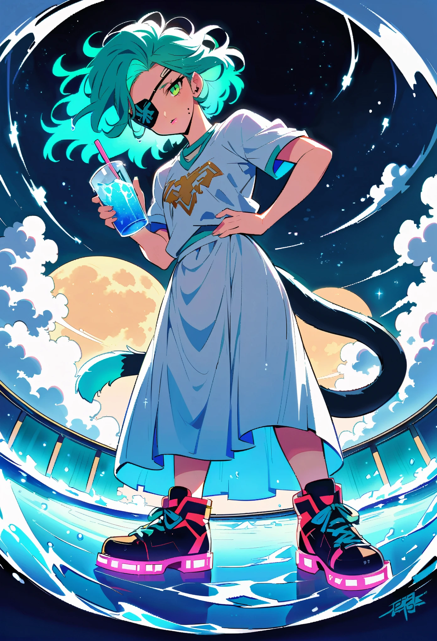 fisheye, crossdressing, saint seiya, mole under mouth, jitome, multicolored hair, eyepatch, sportswear, spiked shoes, panther tail, head tilt, holding cup, bed, rebecca (cyberpunk), beautiful detailed glow, detailed ice, beautiful detailed water, (cold full moon), snowflake, (floating cloud:1.2)