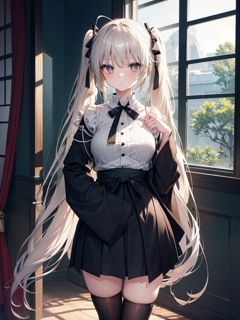 Anime style masterpiece in high resolution, a Japanese girl stands confidently before a window veiled in black silk, her platinum blonde twintails cascading behind in intricate, shimmering curls. Donning a pristine, formal JK suit with a high collar and delicate ribbons, she exudes an aura of mystery and allure. Her stockings, held up by white garters, accentuate her shapely legs as her skirt is hiked up slightly, revealing her leg rings. Knees slightly bent, she gazes out the window with a thoughtful expression, her piercing red pupils reflecting the soft, movie-like lighting of the room. Her
